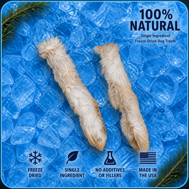 Two freeze-dried back rabbit feet on blue ice