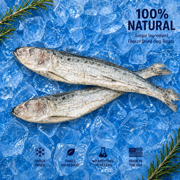 Two freeze-dried whole sardines on blue ice