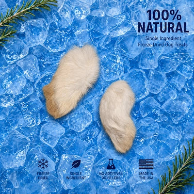 Freeze-dried front rabbit feet on an icy Frost Fang product card